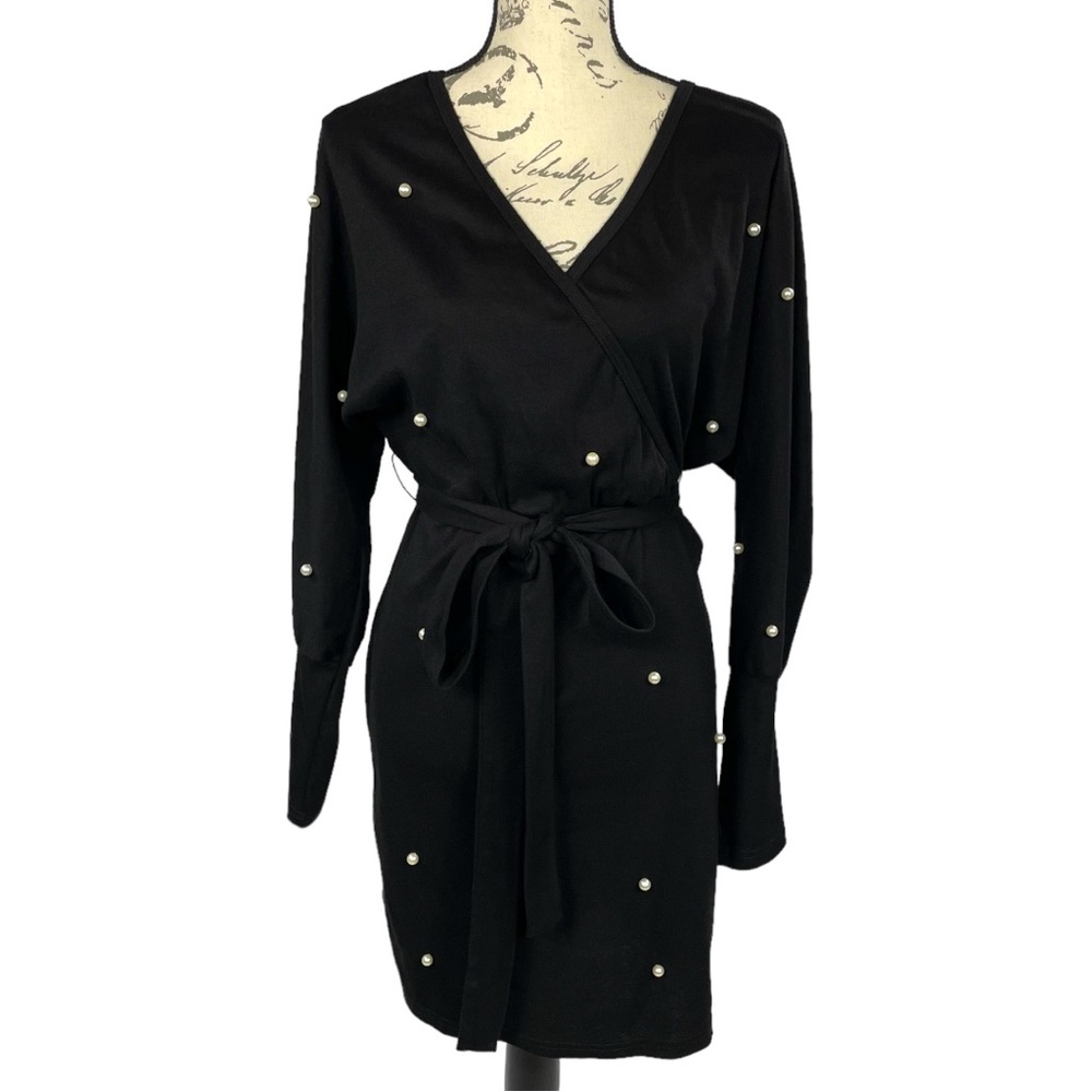 Shein Curve Womens Black Sweater Dress Dolman Sleeves Pearl Detail